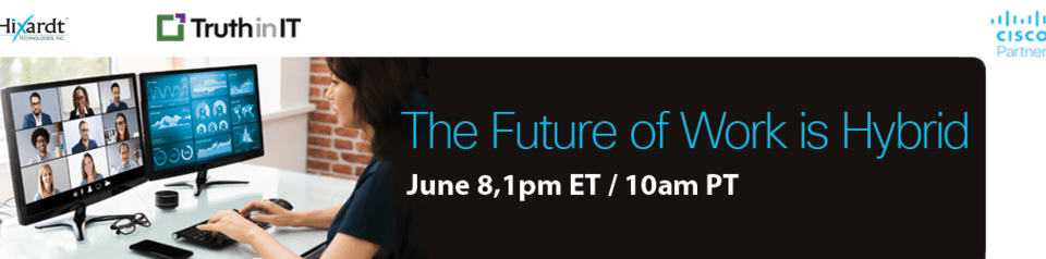 The Future of Work is Hybrid banner. Showing a person working from home.