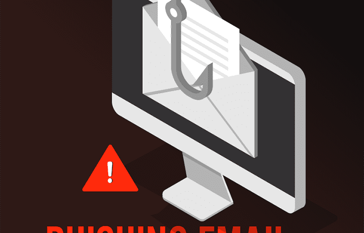 Phishing graphic with fish hook catching piece of email on a computer screen