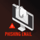 Phishing graphic with fish hook catching piece of email on a computer screen