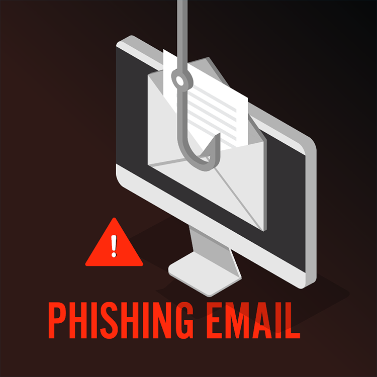 Phishing graphic with fish hook catching piece of email on a computer screen